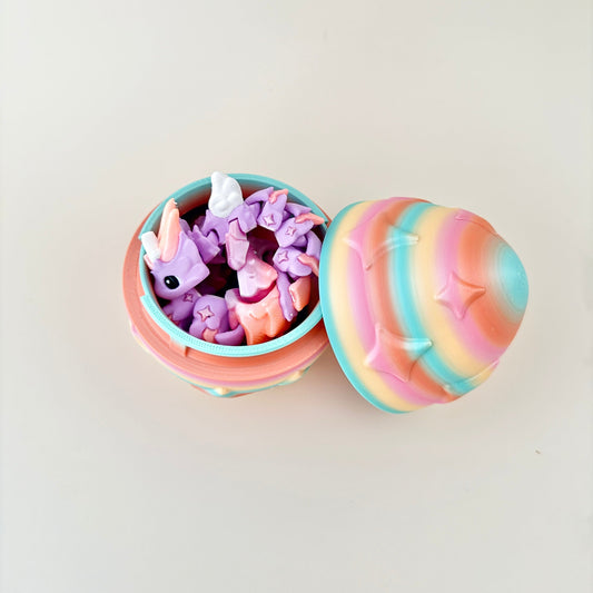 Articulated Stardust dragon and its matching starry rainbow egg for imaginative play and fidgeting.