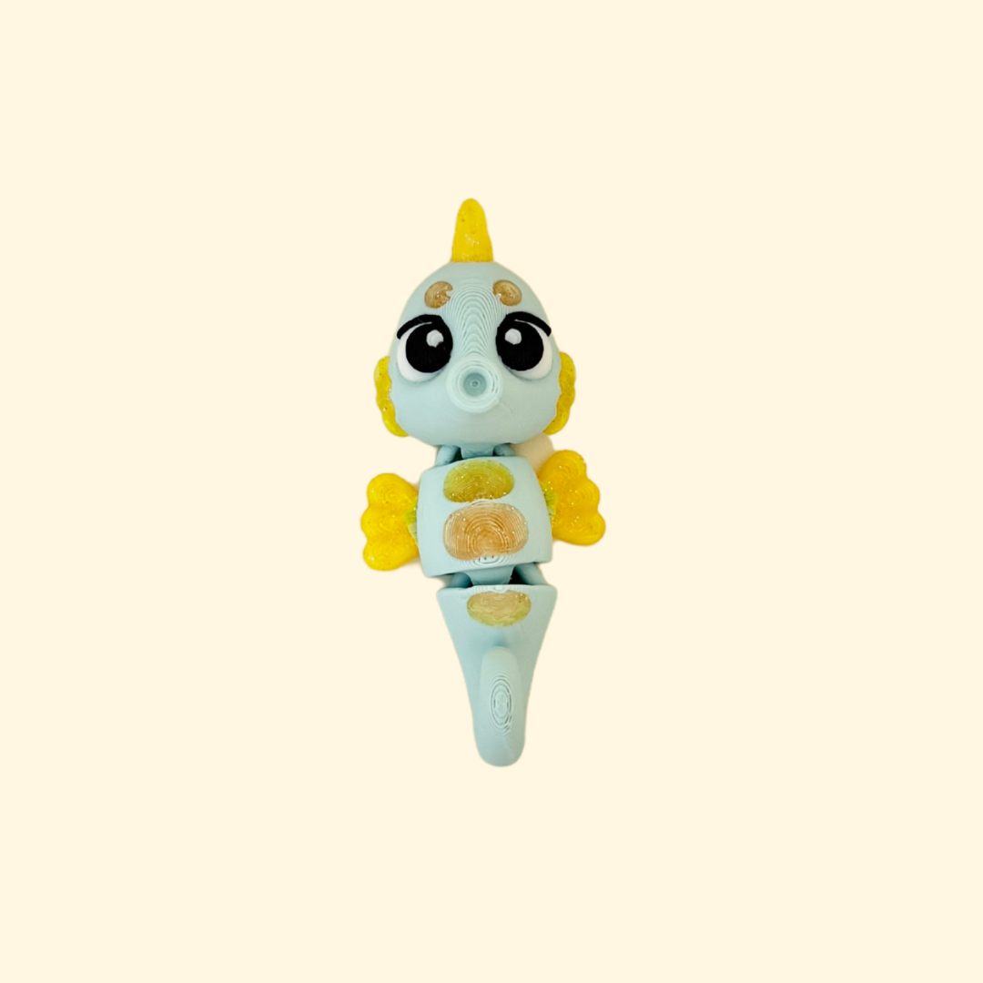 Compact and colourful seahorse toy with fully movable body segments.