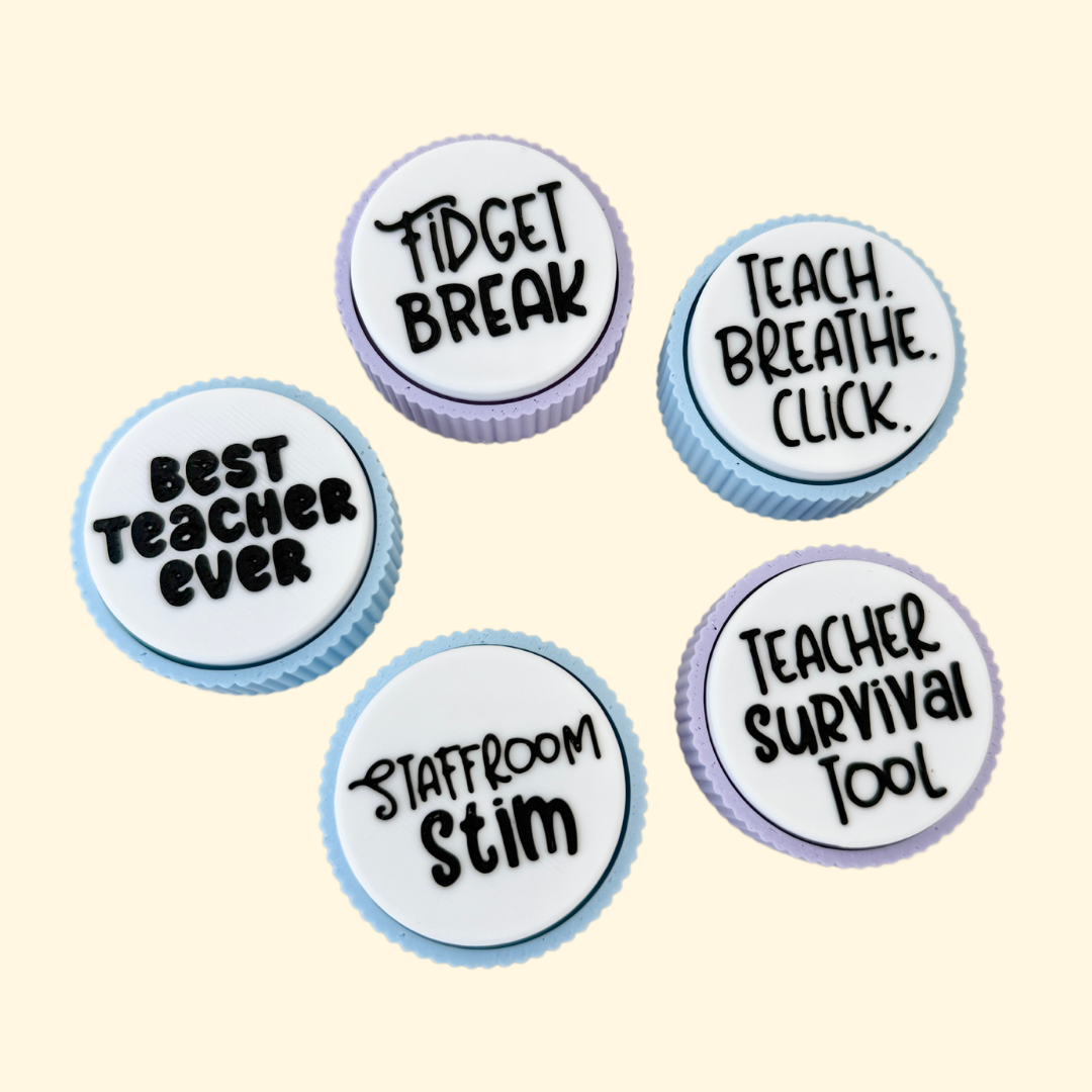 Teacher fidget toy featuring motivational phrases and tactile details for stress relief in busy school environments