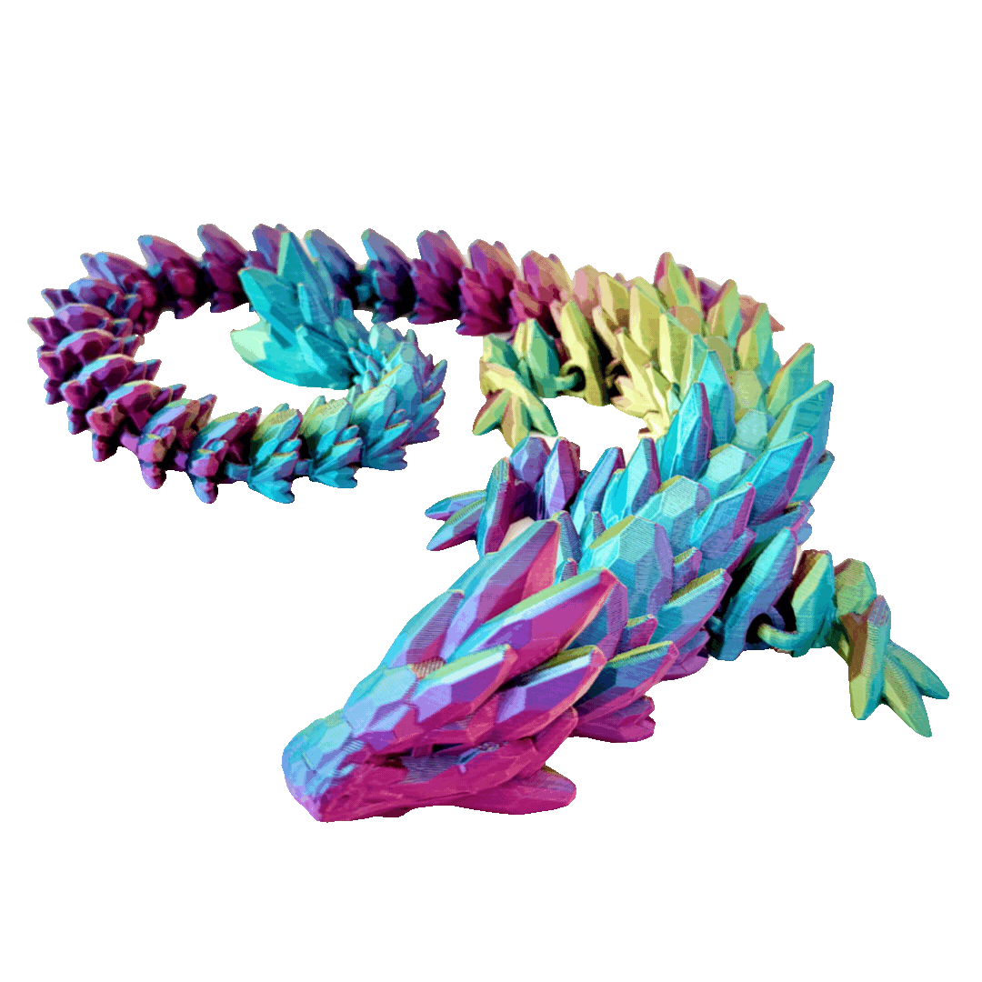 Large Crystalborne Dragon fidget toy with colour-changing filament in red, blue, and gold, fully articulated and detailed.