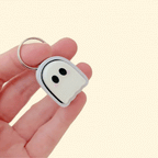 Small sparkly ghost clicker keyring with frosted finish and pink cheeks