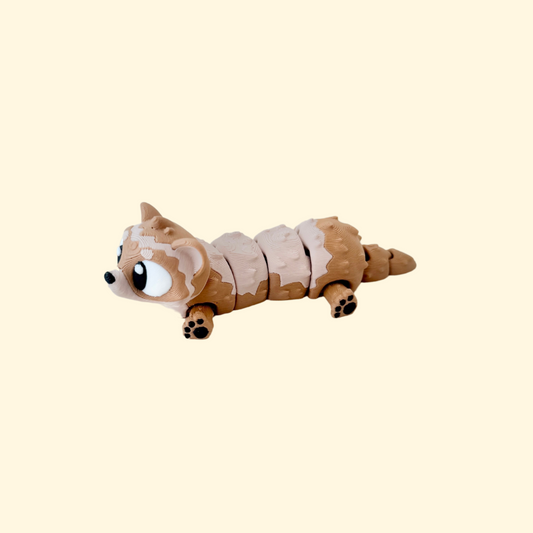 A fully articulated ferret fidget toy with a two-toned brown body, furry texture, and flexible movement.