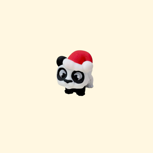 Small articulated panda fidget with Santa hat, spinning head and moving legs.
