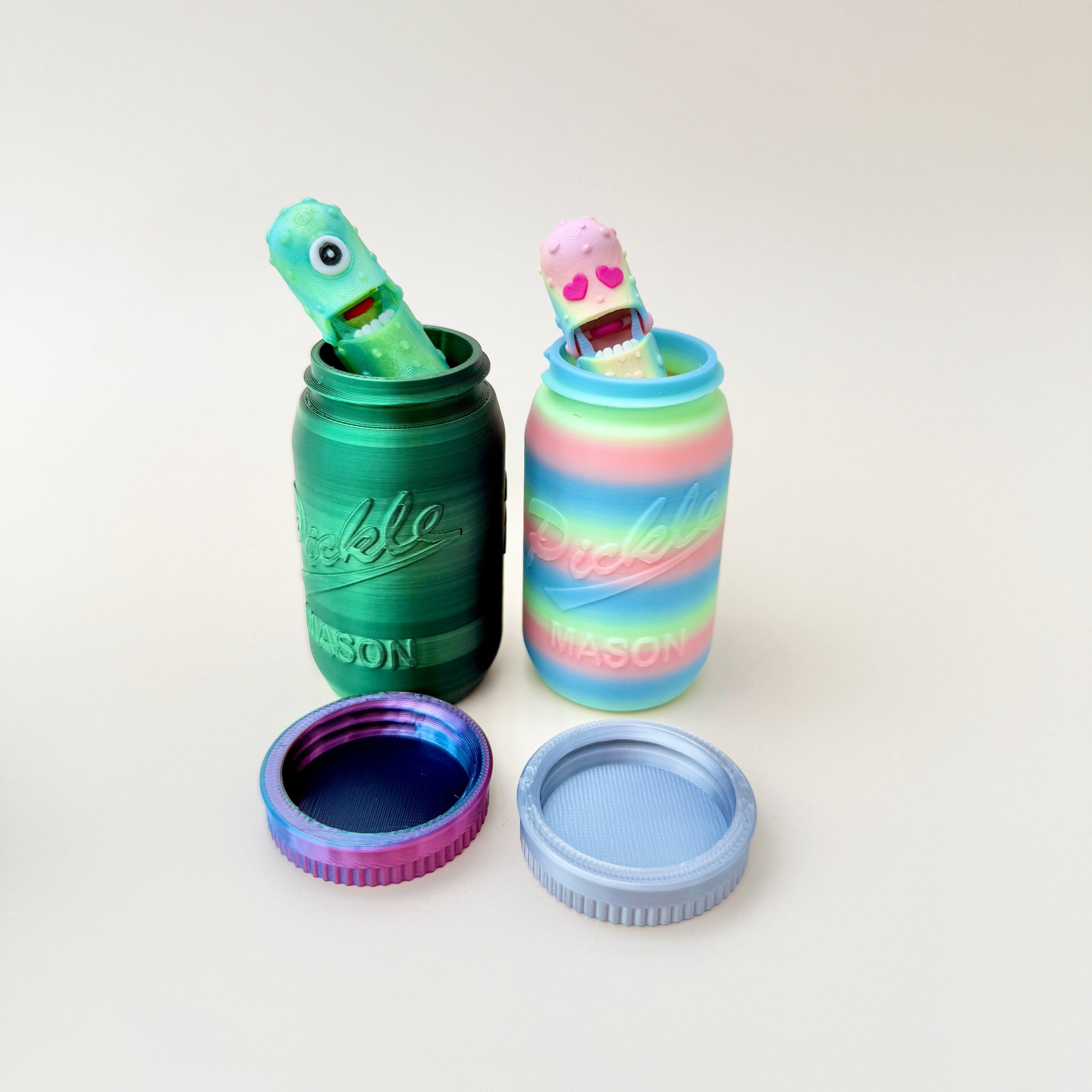 Close-up of a mason jar with a fidget pickle inside, showcasing the realistic screw-on lid.