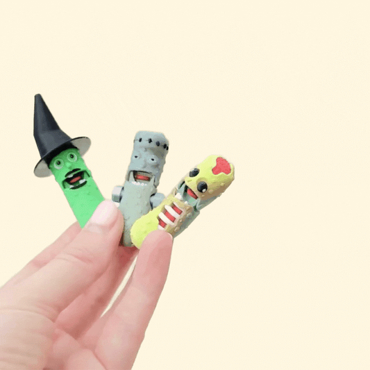 Halloween pickle fidget toy with bolt detail and stitched look, tactile bumps, mouth opens when wiggled, keyring-ready
