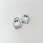 Compact ghost-shaped clicker with silver keyring loop
