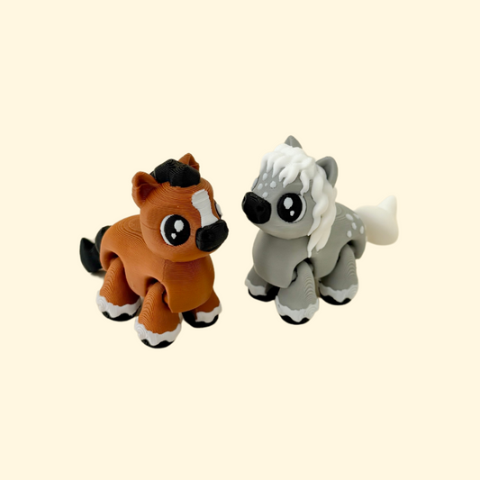 A fully articulated horse fidget toy with big friendly eyes and a cute cartoon-style design.