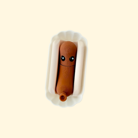 novelty hotdog fidget with removable bun and display tray for quiet play
