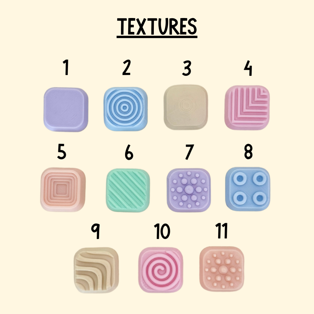 Textured square samples with numbers labeled on a beige background