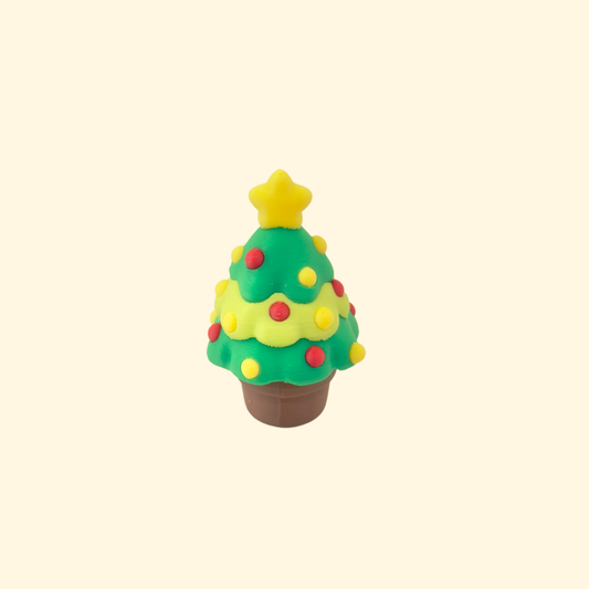 Christmas tree fidget clicker; press the pot for a satisfying pop; 6 cm; raised star and bauble textures.

