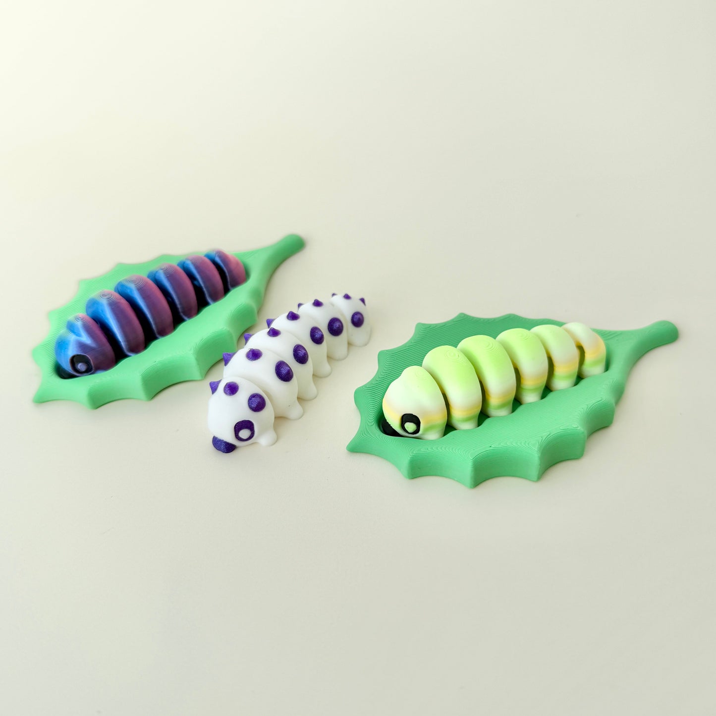Caterpillar and leaf fidget set designed for tactile sensory input.