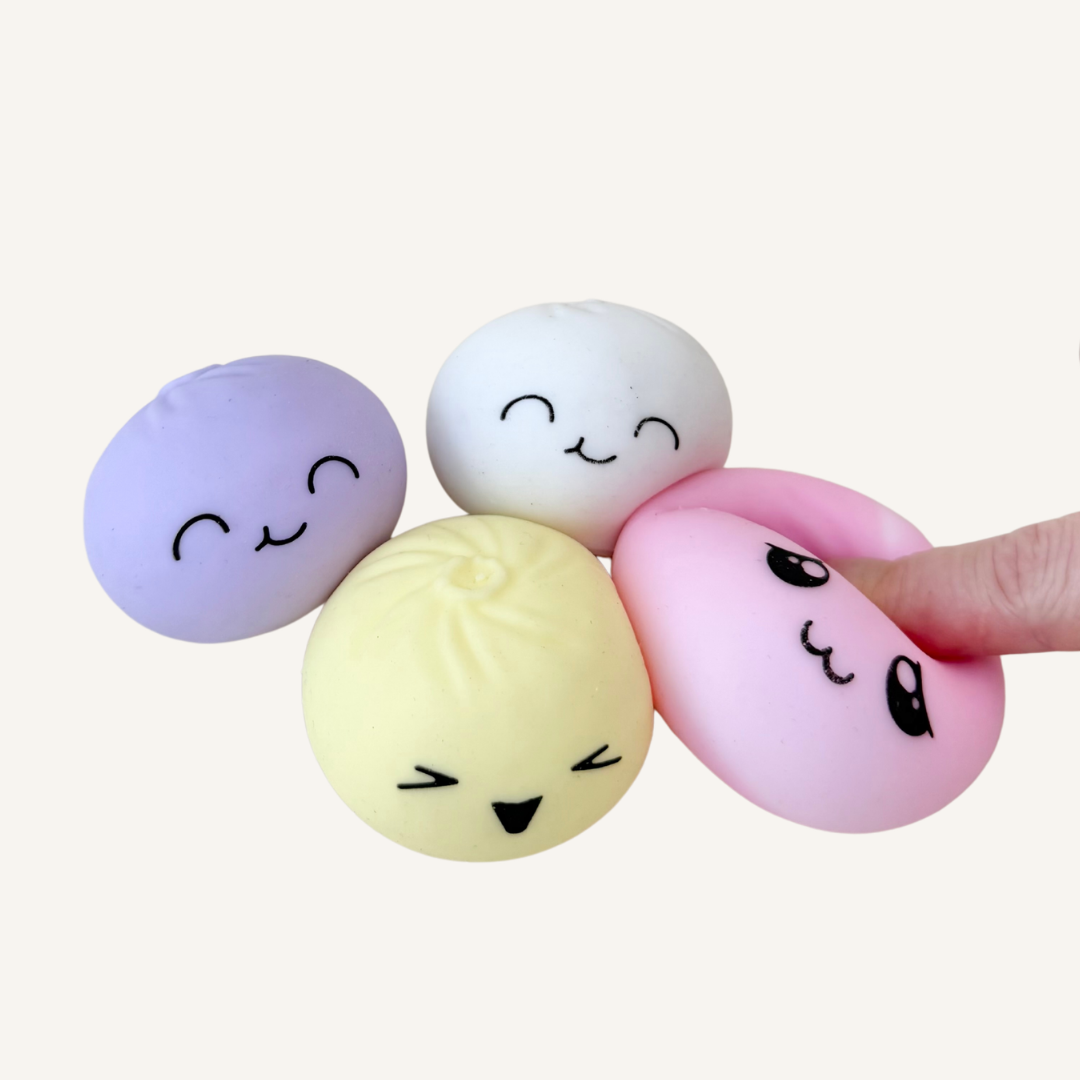 Set of four small squishy fidgets with soft smooth feel and instant rebound for calming squeezes and sensory support.
