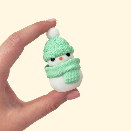 hand-size snowman clicker with mint hat and scarf, push-down head
