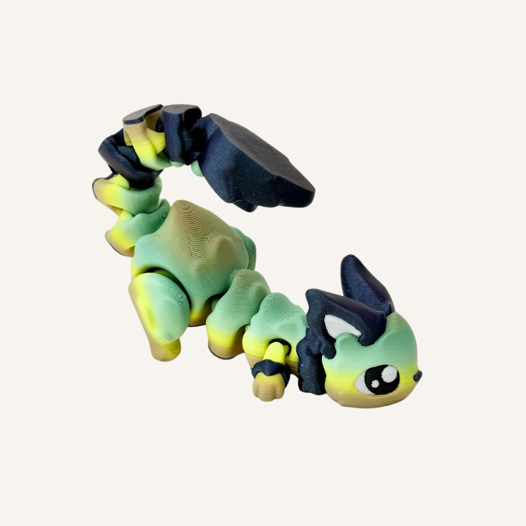 Fully articulated mythical creature fidget with textured details and a long bendy body for tactile sensory play.
