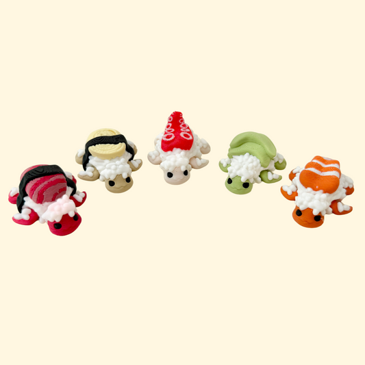 Articulated sushi turtle sensory toys with moving legs and head, quiet and pocket sized.

