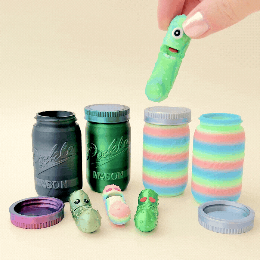Pickle Party Set featuring a rainbow mason jar and two flexible fidget pickles.