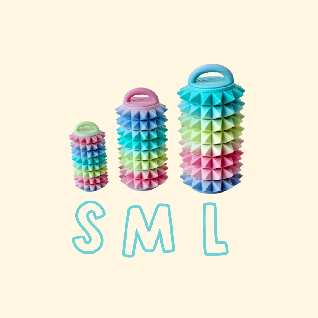 Full spectrum tactile fidget set with gradual step-up levels for sensory seekers and pain-stim style input.
