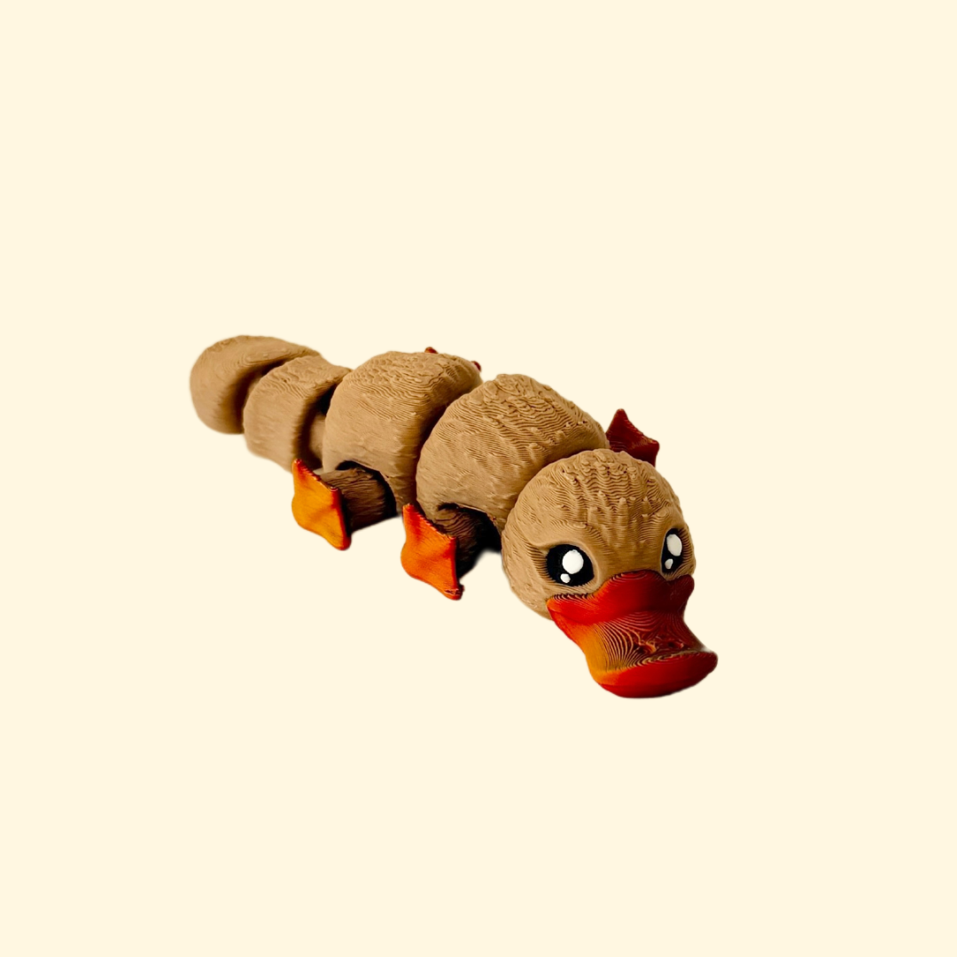 Brown realistic platypus fidget toy with a two-tone orangey-brown beak and feet, fully articulated for sensory play.