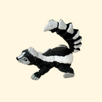 A fully articulated skunk fidget toy with a textured fur-like finish, black and white colouring, and a movable head, legs, and tail.