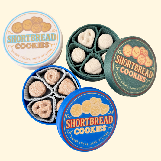 Round 9 cm PLA tin with five mini biscuit clickers inside; textured tops and a vintage printed lid; tactile sensory toy.
