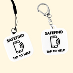 SafeTag NFC keyring showcasing its use for aiding individuals with memory loss or dementia by storing essential contact information.