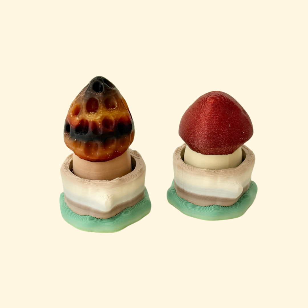 Mushroom-themed tactile fidget with press-to-click action.
