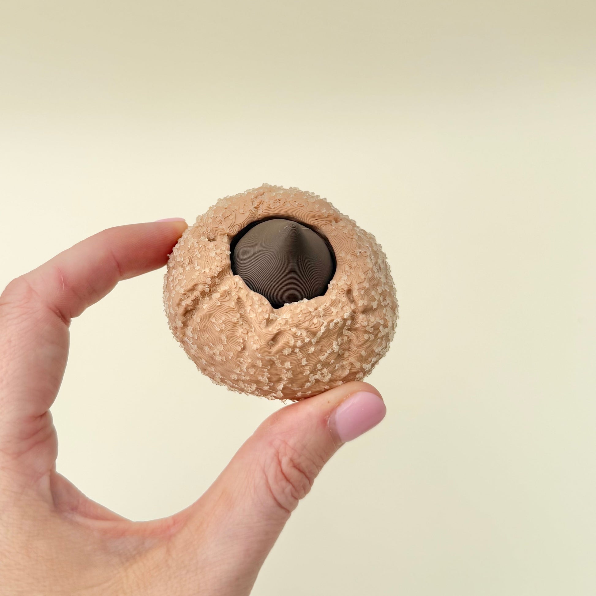 A textured biscuit-style clicker with a press centre designed for tactile sensory input and satisfying clicks.
