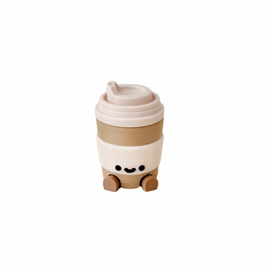 Mini takeaway cup character with dangling legs for desk, shelf and bedside decor in neuro-friendly spaces
