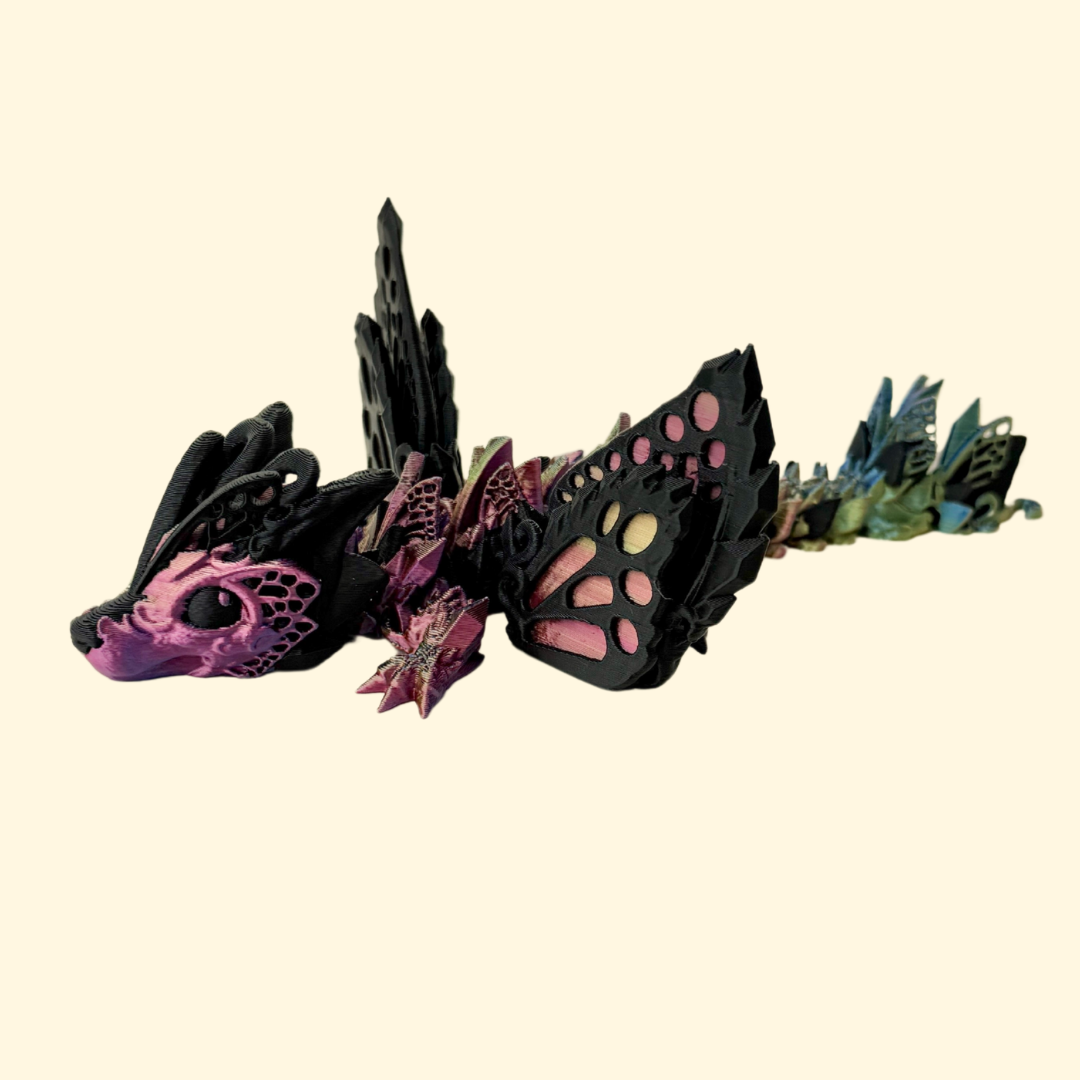 Sensory dragon-wolf hybrid with butterfly wings and a textured body