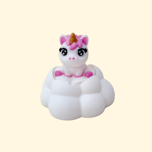 Mini unicorn sitting on a cloud with a push-down click action.
