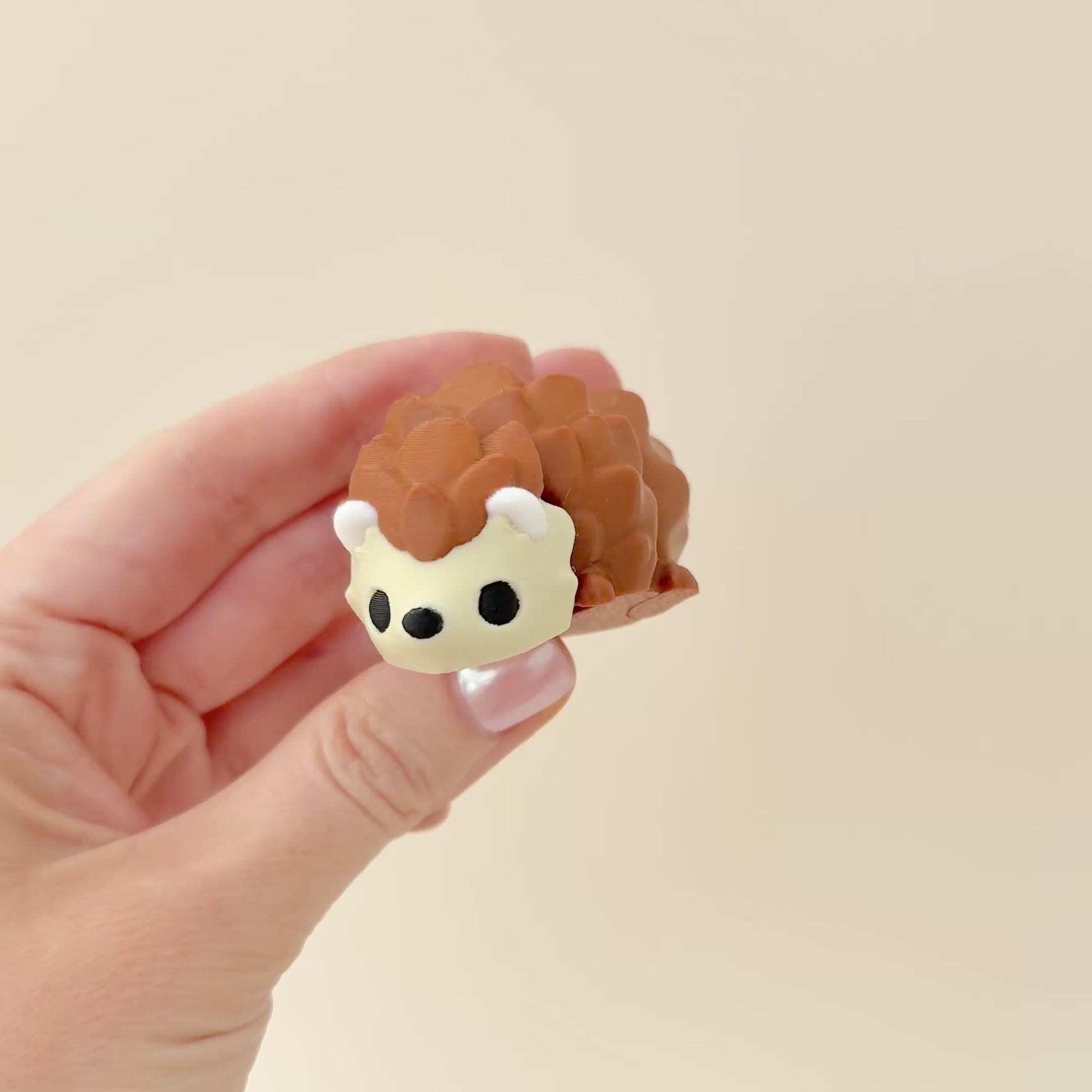 6cm hedgehog fidget toy with black nose and eyes, available in rainbow and realistic brown and beige colours.