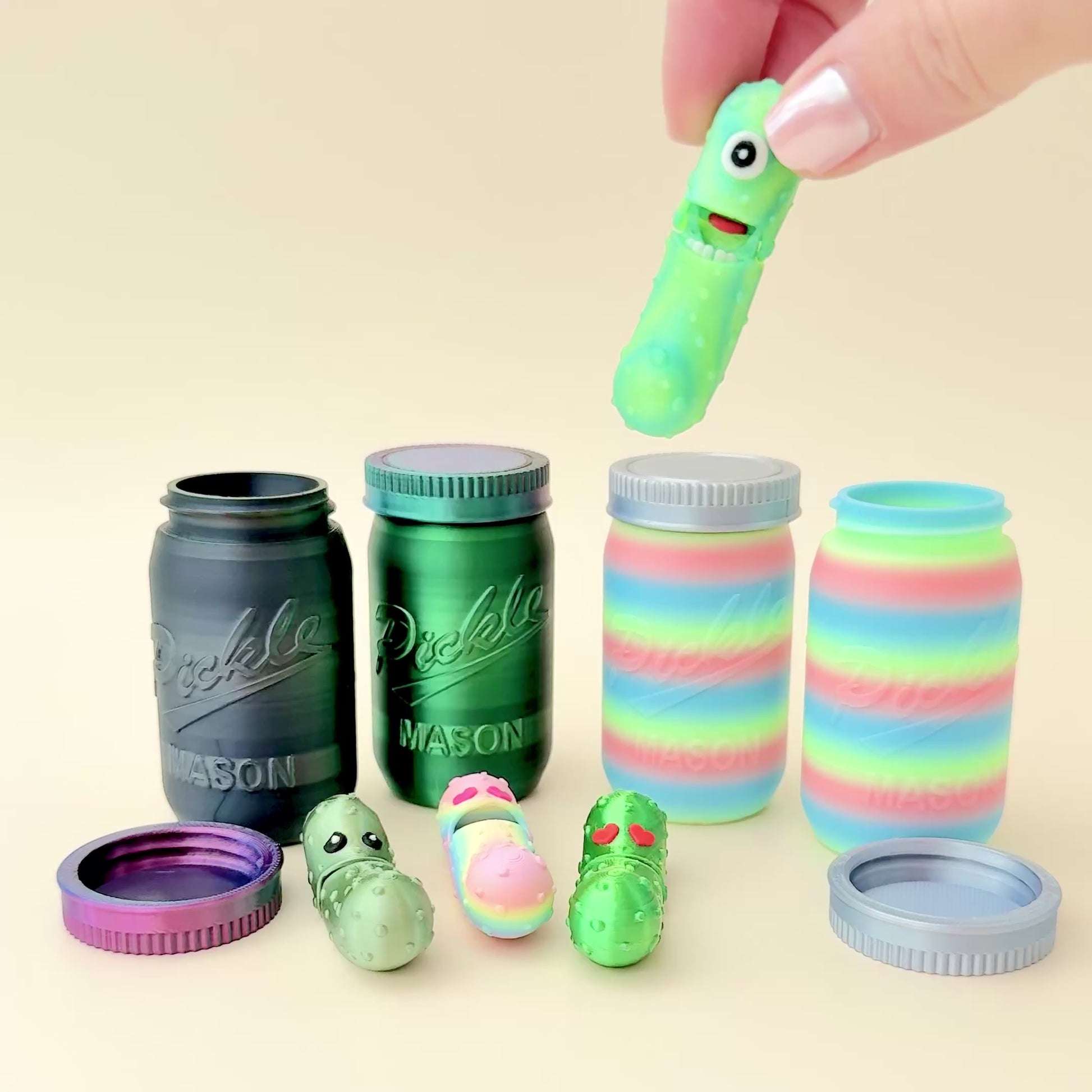 Full Pickle Party Set including two fidget pickles and a mason jar in vibrant colours.